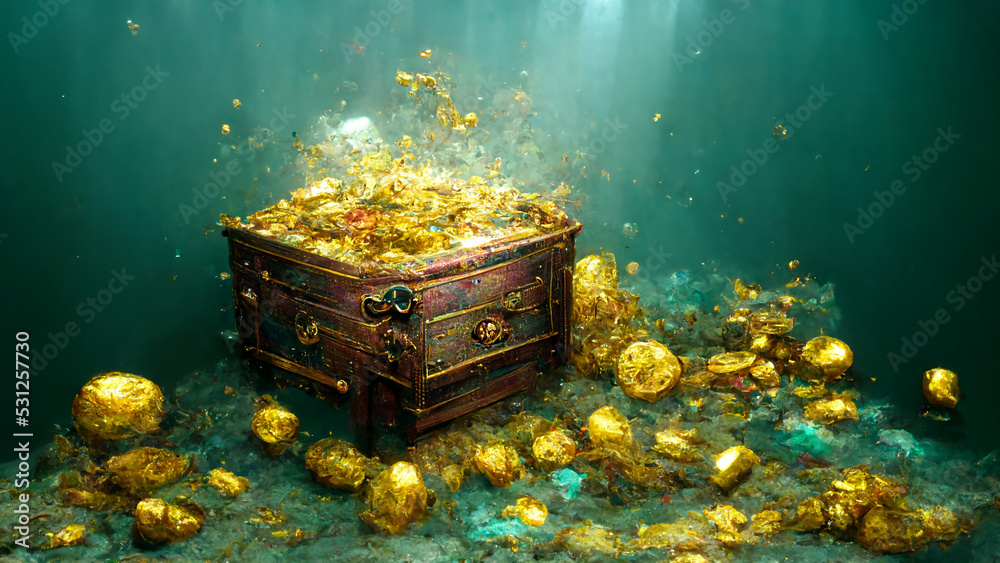 Treasure chest with gold underwater. Pirate concept art illustration ...
