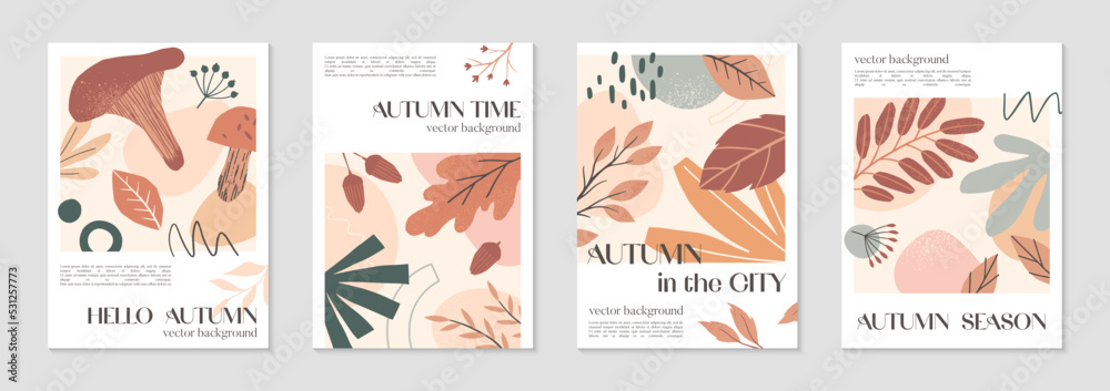 Bundle of autumn creative posters with organic various shapes,foliage,acorns,mushrooms and copy space for text.Modern seasonal designs.Universal artistic banners.Trendy fall vector illustrations.