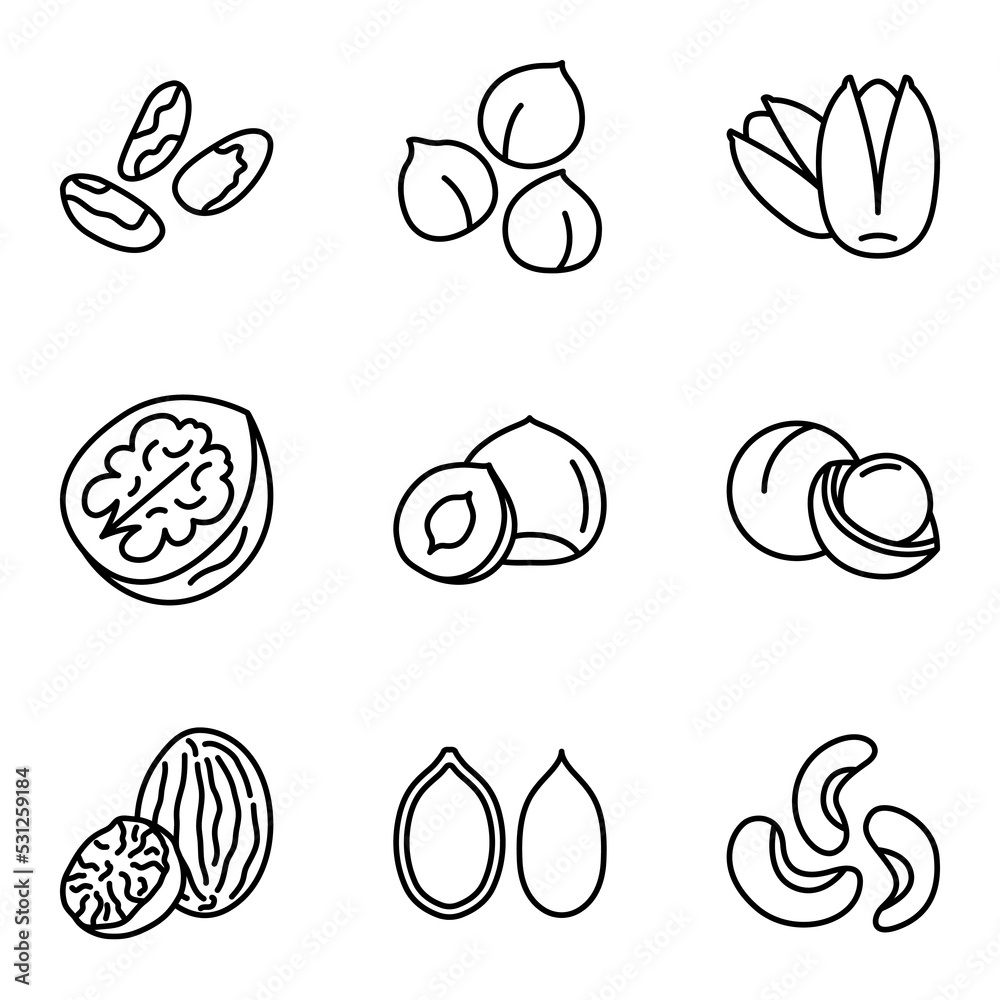 Nuts and Seeds icon set. Pictogram isolated on a white background. Nuts and Seeds icon set. Pictogram isolated on a white background.