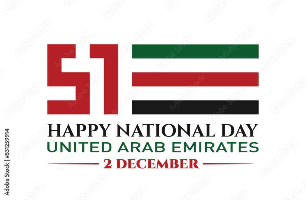 51 National Day of United Arab Emirates. Text Arabic Translation: Our National Day. December 2. Vector Logo. Eps 08. 51 National Day of United Arab Emirates. Text Arabic Translation: Our National Day. December 2. Vector Logo. Eps 08.