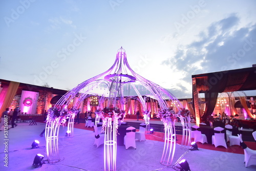 Delhi, India 14th September 2022: Grand and Luxurious Indian Wedding Decoration. Wedding Events Decor. Beautiful Decoration of a  cultural program, Wedding Decorations and Arrangement setup.