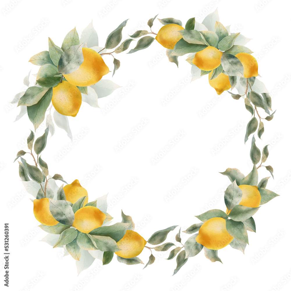 Lemon gold frame. Watercolor lemons fruit and leaf. Decoration for your card, invitation, album.