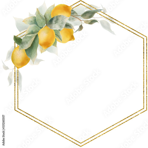 Lemon gold frame. Watercolor lemons fruit and leaf. Decoration for your card, invitation, album.