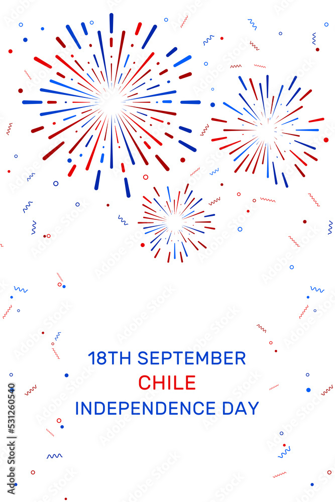 Vector illustration of South American country public holiday. Chile Independence Day. 18 September. Fireworks with the colours of national flag.