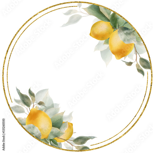 Lemon gold frame. Watercolor lemons fruit and leaf. Decoration for your card, invitation, album.