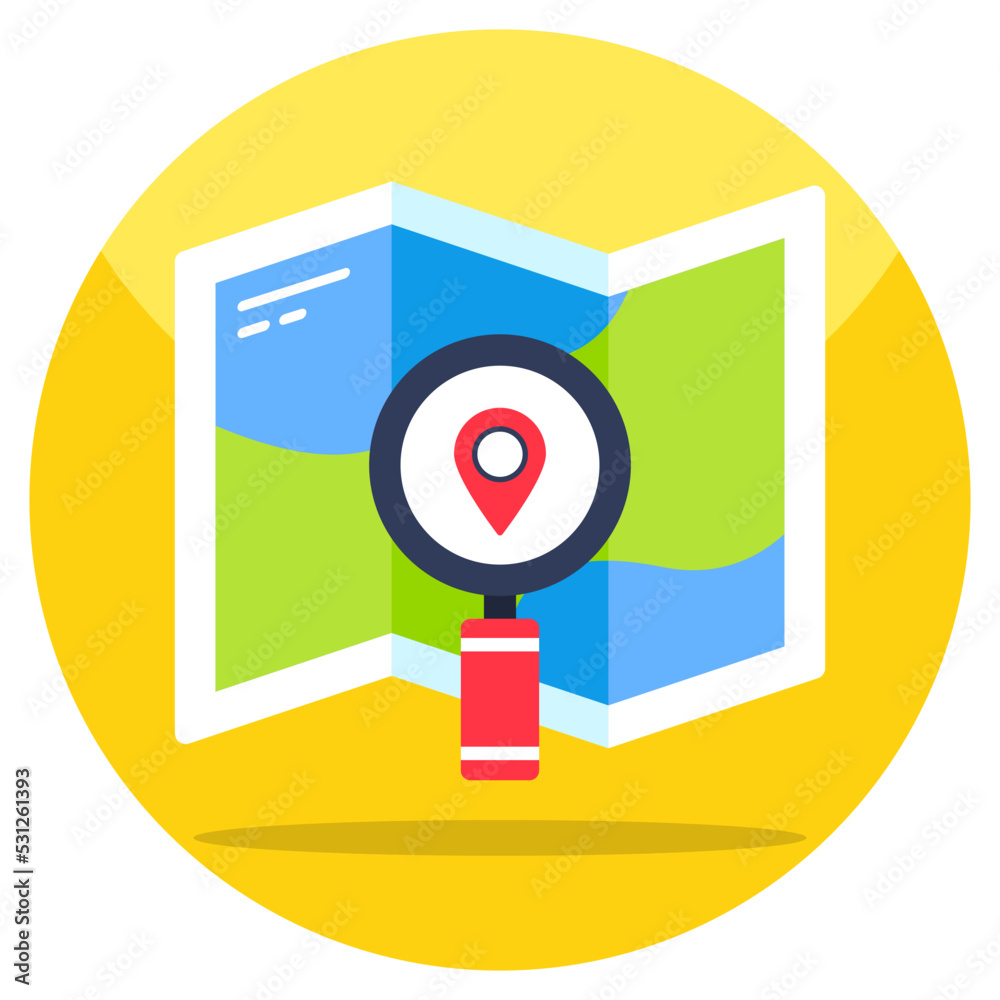 Map pointer inside magnifying glass, icon of search location Map pointer inside magnifying glass, icon of search location