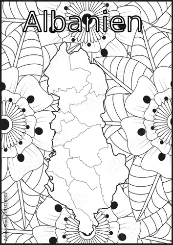 Schwarze und weiße Blume mit der Landkarte Albanien in der Mitte. Muster für Erwachsene Färbung Buch. Doodle floral Zeichnung. Kunsttherapie Färbung Seite