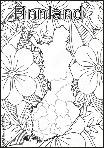Schwarze und weiße Blume mit der Landkarte Finnland in der Mitte. Muster für Erwachsene Färbung Buch. Doodle floral Zeichnung. Kunsttherapie Färbung Seite