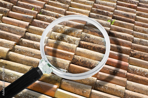 Search for water infiltration on old roof - concept with magnifying glass - problems and defect of roofing