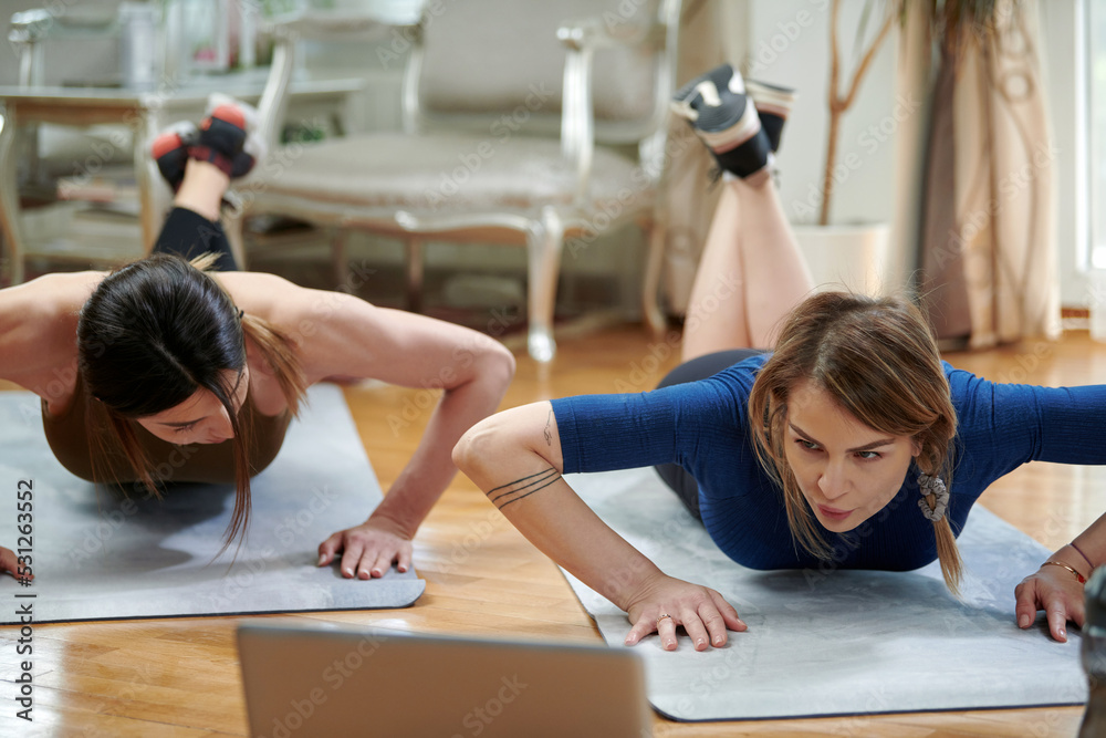 Pretty women working out at home. Adult ladies with beautiful sh Pretty women working out at home. Adult ladies with beautiful sh