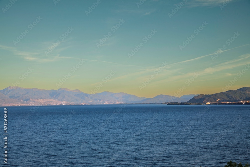 wide angle view across lake Ohrid in North Macedonia during sunset