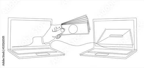 Donation concept. Continuous one line drawing of Hand putting dollars in the donate box on laptop. 
