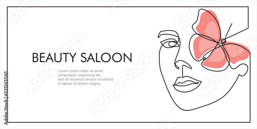 Woman face continuous one line vector drawing. Style templates with abstract female face and butterfly. Beauty saloon.Can used for logo, emblem, slide show and banner. Illustration with quote template