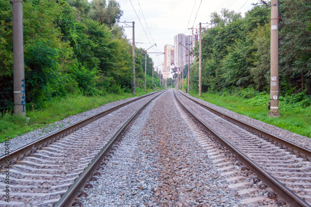 railway. track with different direction of movement. the road to the future. rails and sleepers railway. track with different direction of movement. the road to the future. rails and sleepers
