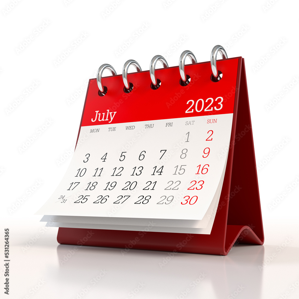 July 2023 Calendar. Isolated on White Background. 3D Illustration - obrazy, fototapety, plakaty 