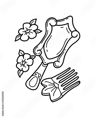 Vector illustration of accessories isolated on white. Coloring page with mirror and comb of fairy princess.