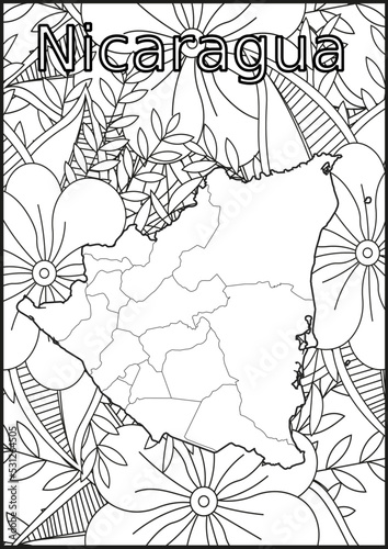 Schwarze und weiße Blume mit der Landkarte Nicaragua in der Mitte. Muster für Erwachsene Färbung Buch. Doodle floral Zeichnung. Kunsttherapie Färbung Seite 