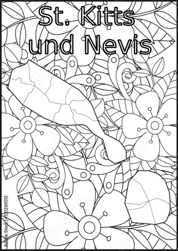 Schwarze und weiße Blume mit der Landkarte St. Kitts und Nevis in der Mitte. Muster für Erwachsene Färbung Buch. Doodle floral Zeichnung. Kunsttherapie Färbung Seite