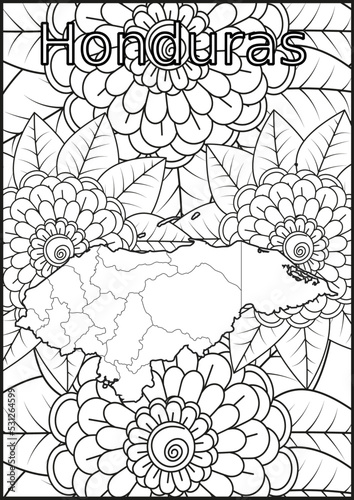 Schwarze und weiße Blume mit der Landkarte Honduras in der Mitte. Muster für Erwachsene Färbung Buch. Doodle floral Zeichnung. Kunsttherapie Färbung Seite