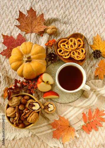 tea cup, pumpkin, apples, pretzels, nuts and autumn leaves on plaid. autumn background. home cozy composition. fall season concept. top view © Ju_see