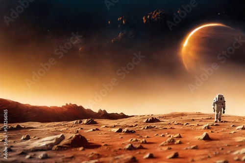  An astronaut explores the surface of Mars alone, with a disintegrating planet from Earth's solar system in the background photo