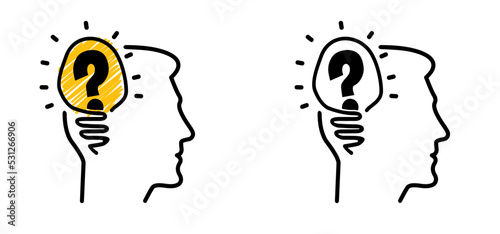 Cartoon brain electric lamp idea with question mark. FAQ, business loading concept. Vector light bulb icon or sign ideas. Brilliant lightbulb education or invention pictogram. Head or face thinking.