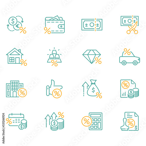 Set of tax related vector icons. Vector illustration of icons such as deductions, building tax, and more with editable green and gold outlines. Perfect for template symbols, designs and more.