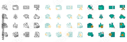 vector illustration of tax-related icon set with several variations, namely outline, and flat color. Perfect for template symbols, designs, and more.
