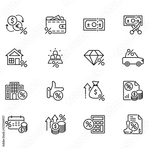 Set of tax related vector icons. Vector illustration of icons such as deductions, building tax, and more with editable black outlines. Perfect for template symbols, designs and more. 