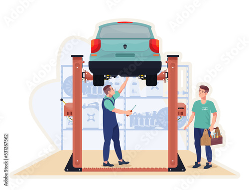 Repairmen repairing car in the workshop. Inspection, diagnostics. Workers fixing  car after breakdown. Flat vector illustration.