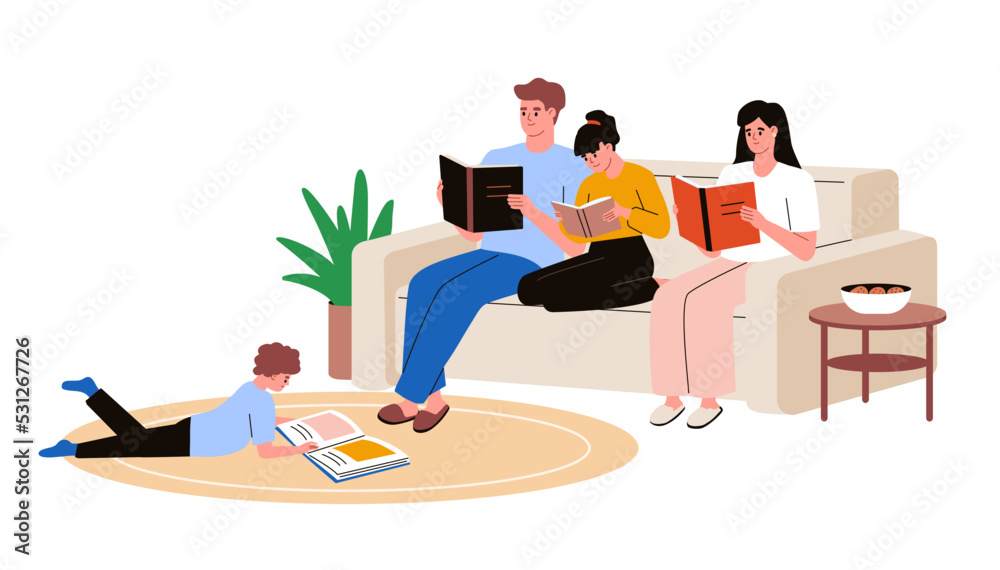 Obraz premium Family reading books together. Mother, father and children sitting with books. Readers. Cozy family evening at home. Flat vector illustration.