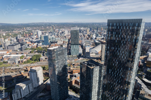 Manchester City Centre Drone Aerial View Above Building Work Skyline Construction Blue Sky Summer Beetham Tower Deansgate Square Glass Towers.