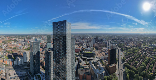 Slika na platnu Manchester City Centre Drone Aerial View Above Building Work Skyline Construction Blue Sky Summer Beetham Tower Deansgate Square Glass Towers