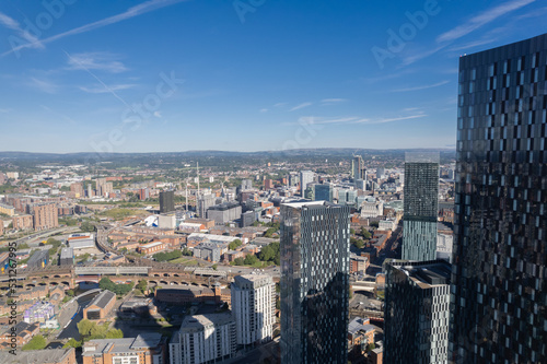 Manchester City Centre Drone Aerial View Above Building Work Skyline Construction Blue Sky Summer Beetham Tower Deansgate Square Glass Towers. © Sam Foster