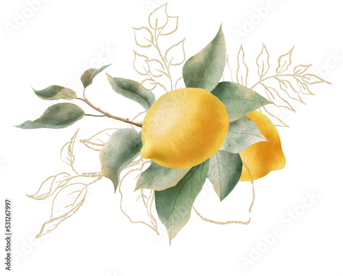Lemon watercolor bouquet. composition Watercolor lemon fruit  and leaf for wedding invitation? greating card, decoration.