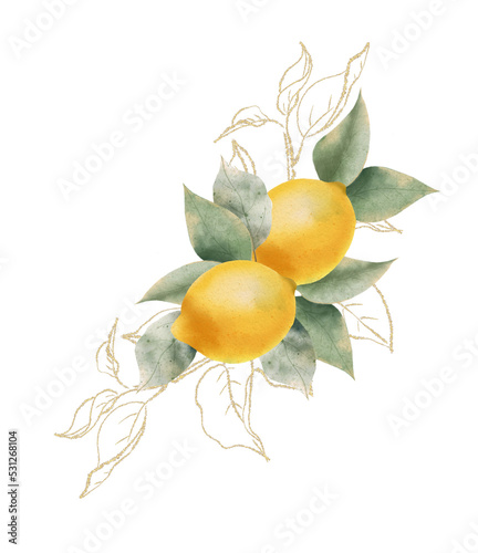 Lemon watercolor bouquet. composition Watercolor lemon fruit  and leaf for wedding invitation? greating card, decoration.