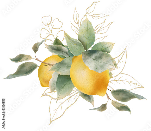 Lemon watercolor bouquet. composition Watercolor lemon fruit  and leaf for wedding invitation? greating card, decoration.