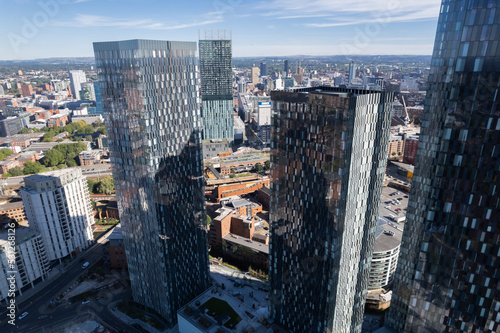 Quadro em tela Manchester City Centre Drone Aerial View Above Building Work Skyline Construction Blue Sky Summer Beetham Tower Deansgate Square Glass Towers