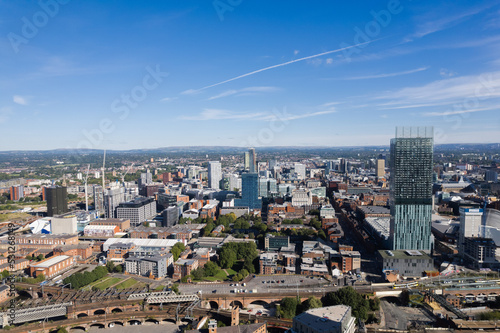 Photo Manchester City Centre Drone Aerial View Above Building Work Skyline Construction Blue Sky Summer Beetham Tower Deansgate Square Glass Towers