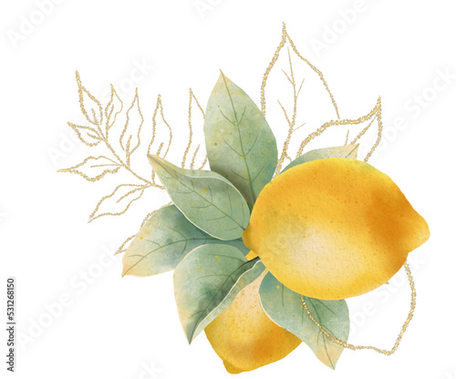 Lemon watercolor bouquet. composition Watercolor lemon fruit  and leaf for wedding invitation? greating card, decoration.