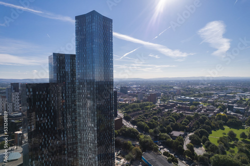 Wall Mural Manchester City Centre Drone Aerial View Above Building Work Skyline Construction Blue Sky Summer Beetham Tower Deansgate Square Glass Towers
