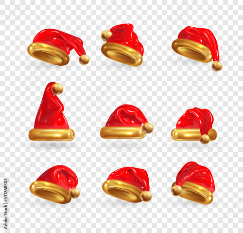 Set. Red Santa Claus Hats. Vector render 3d realistic illustration.