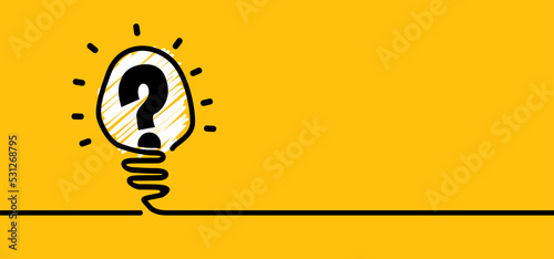 Cartoon brain electric lamp idea with question mark. FAQ, business loading concept. Vector light bulb icon or sign ideas. Brilliant lightbulb education or invention pictogram.