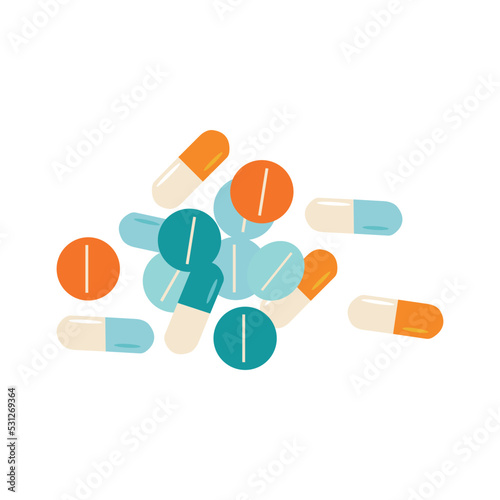 Flat vector illustration of holding various capsules and pills. Treatment with antidepressants. The concept of taking supplements and vitamins daily.