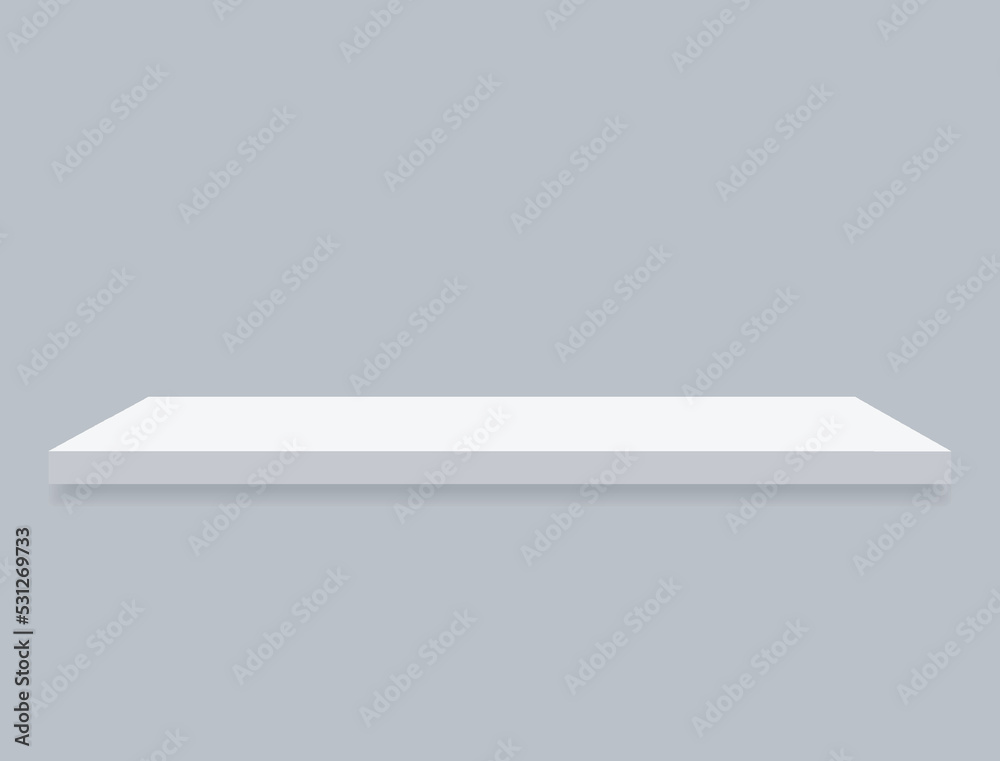 White empty shelf template. Vector realistic mockup. Home interior element on a gray background. EPS 10. White empty shelf template. Vector realistic mockup. Home interior element on a gray background. EPS 10.