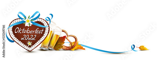 Oktoberfest 2022 Banner - Traditional decorated gingerbread heart with handwriting and typical octoberfest products -  beer, brezel, autumn leaves and bend ribbon