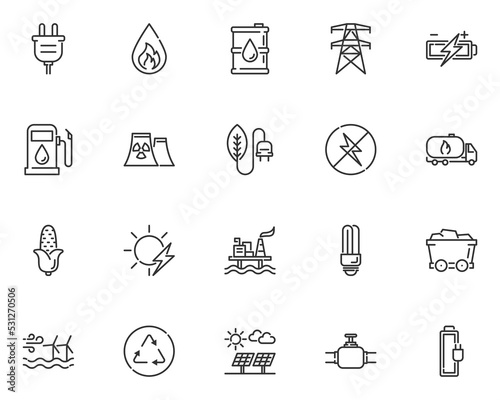 set of energy line icons, electric power, gas, clean energy
