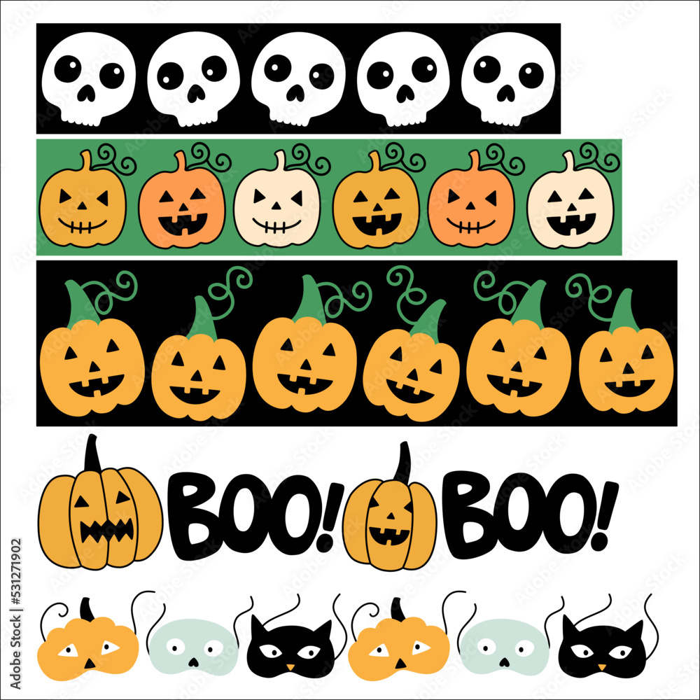 Obraz premium Halloween vector set of borders Vector pattern brushes with skulls, cats and pumpkins
