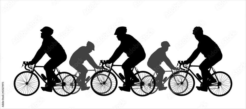 Obraz premium Three cyclists are riding a bicycle from right to left. Two cyclists ride from left to right. The guy in a helmet on a bike. Sport competitions. Side view, profile. Black male silhouettes isolated