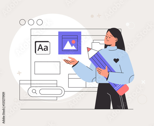 Creative process of making vector illustration for web ui design. Design and Development illustrations. Woman illustrator working in software drawing abstract shapes. Flat vector illustration.